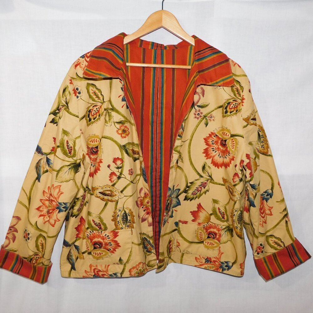 VTG Floral Striped Reversible Cotton Open Front Jacket Orange Tan Blue Womens L